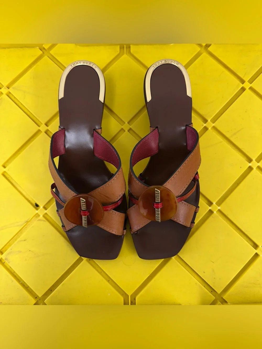 Tory Burch KNOTTED HEELED MULES SANDAL Elba Camello Red Size 8.5 Women’s